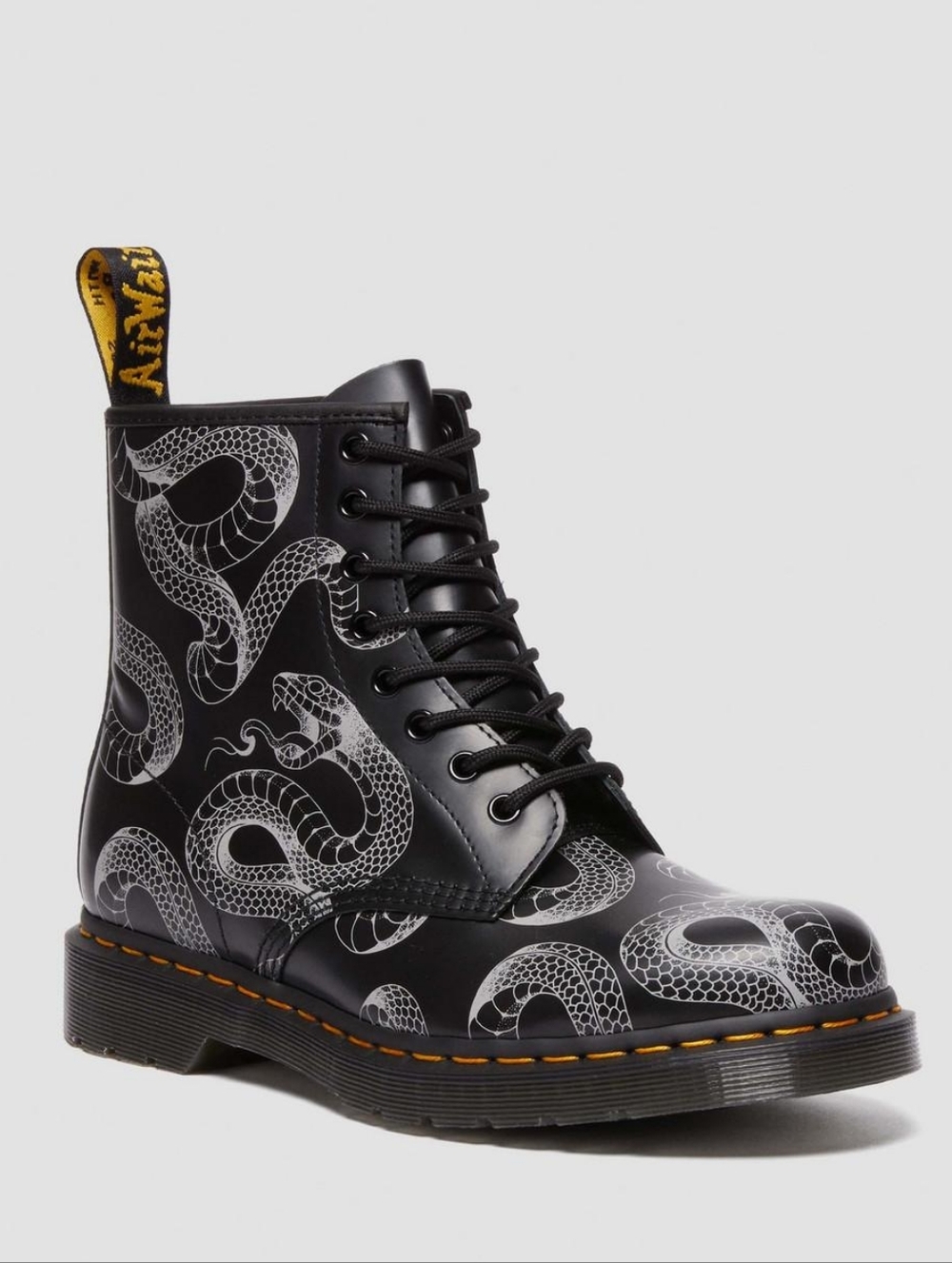 Dr. Martens 1460 Serpent Print Black Silver Leather Lace Up Boots